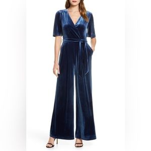 Eliza J Wide Leg Faux Wrap Blue Velvet Short Sleeve Jumpsuit Size 10